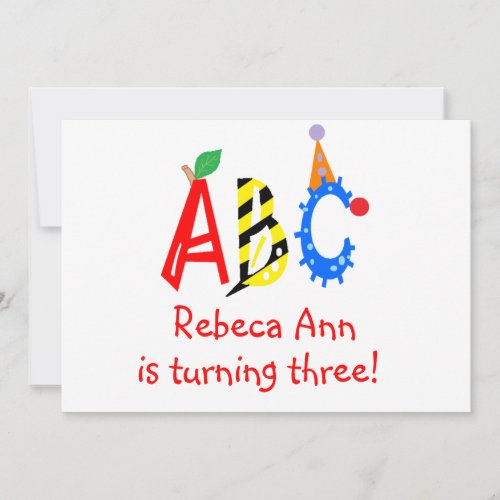 ABC Turning 3 Third Birthday Party Invitaitons Personalized Invitation