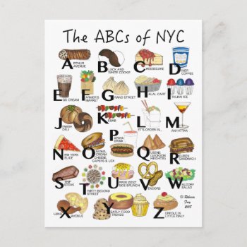 Abcs Of Nyc Iconic New York City Foods Alphabet Postcard by rebeccaheartsny at Zazzle