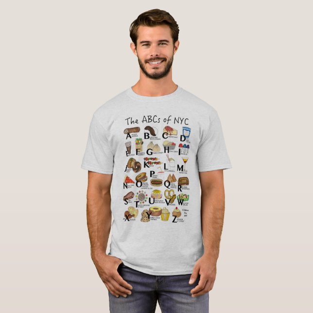 ABCs of NYC Iconic New York City Foods Alphabet T-Shirt (Front Full)