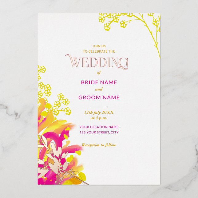 Abctract Pink and Orange Floral Wedding Foil Invitation (Front)