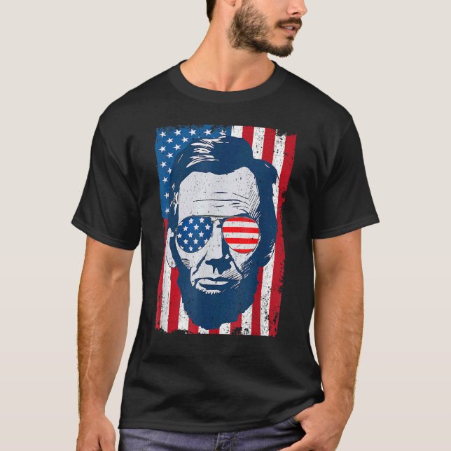 Abe Lincoln Beard Sunglasses & American Flag 4th O T-Shirt (Front)