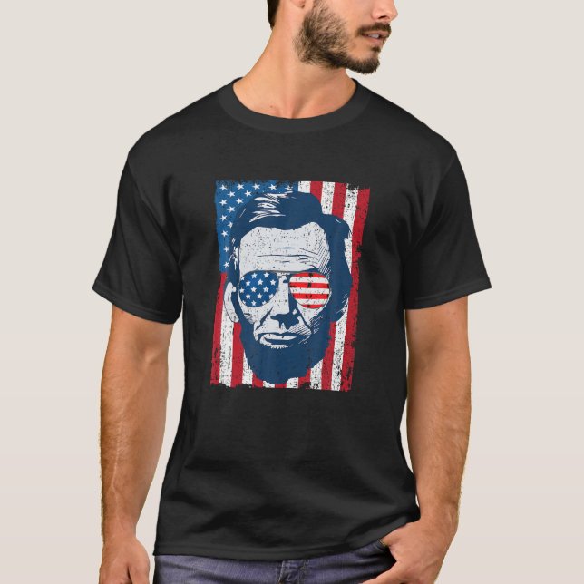 Abe Lincoln Beard Sunglasses American Flag 4th Of  T-Shirt (Front)