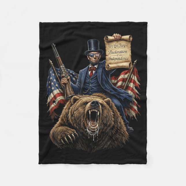 Abe Lincoln Riding Bear With Declaration Funny Fleece Blanket (Front)
