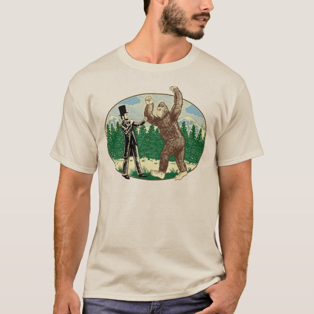 ABE LINCOLN: SASQUATCH HUNTER - Funny Bigfoot Logo T-Shirt (Front)