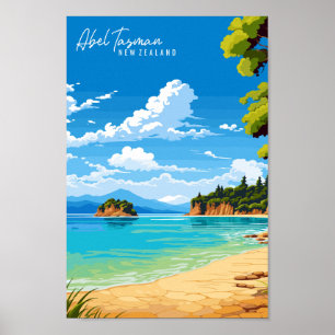 Abel Tasman New Zealand travel illustration Poster