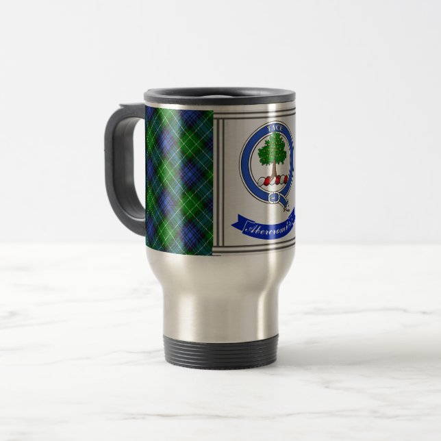 Abercrombie Clan Badge & Tartan Personalized Travel Mug (Front Left)