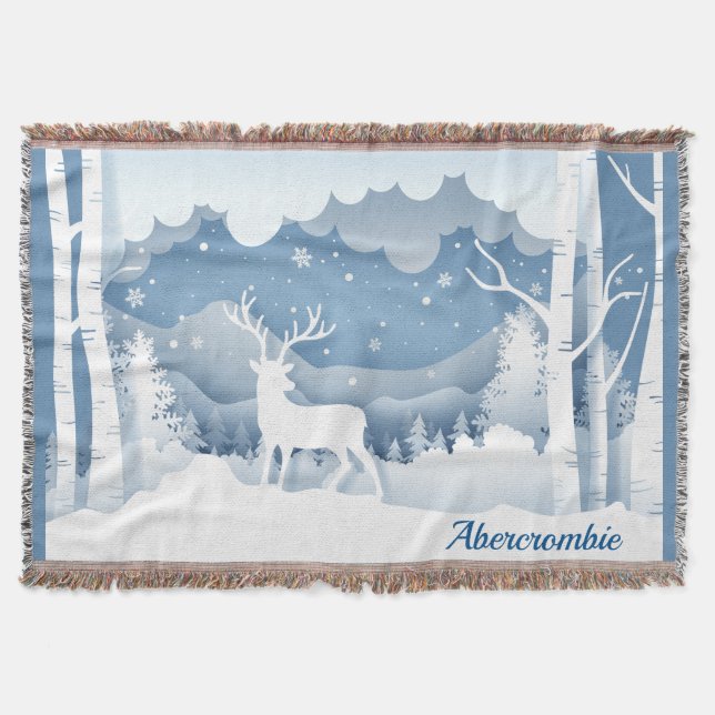 Abercrombie Personalized White Stag Winter Scene Throw Blanket (Front)