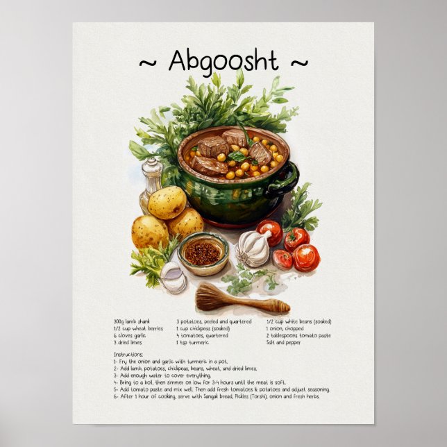 Abgoosht Recipe Poster – Persian Food Illustration (Front)