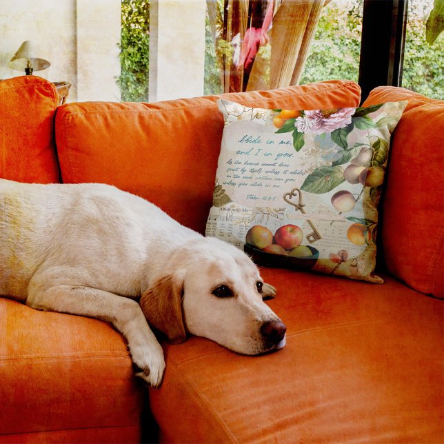 Abide in Me Fruitful Faith Throw Pillow (Inspirational collage of fruit, scripture verse, sheet music, and elements of faith.  )