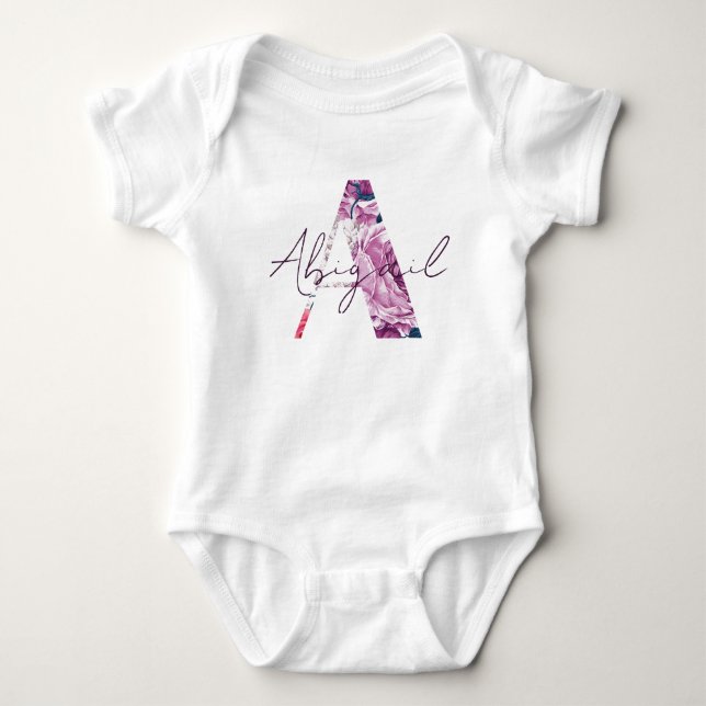 Abigail Baby Name Flower Script Pretty Girl Floral Baby Bodysuit (Front)