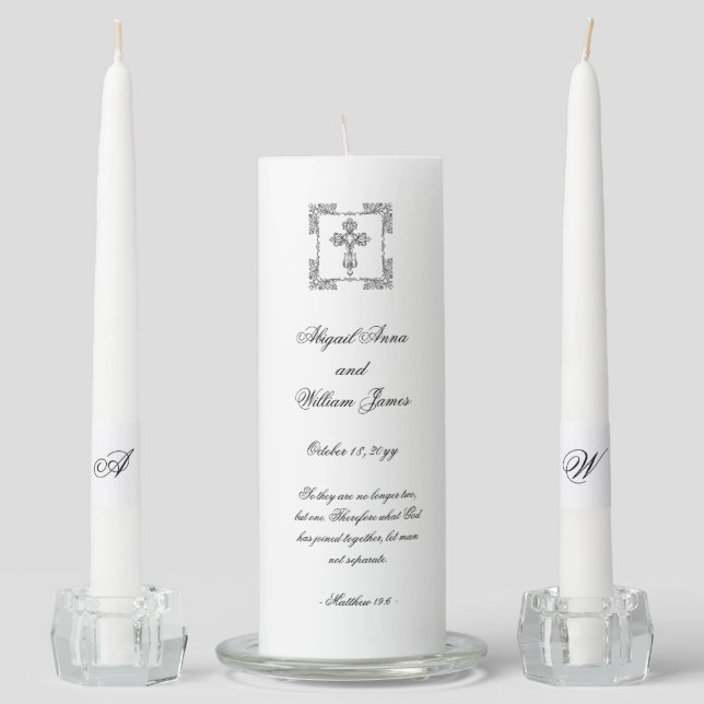  Abigail Elegant Christian Bride & Groom Initials Unity Candle Set (Front)