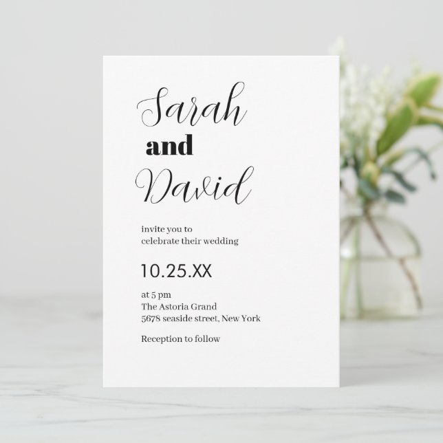 Abigail Font classic chic black and white wedding Invitation (Standing Front)
