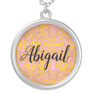 Abigail name with abstract art and calligraphy silver plated necklace