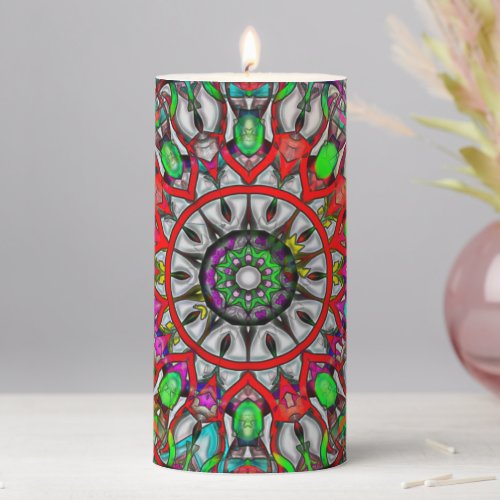 Abnormal red green colorful kaleidoscope mandala t pillar candle