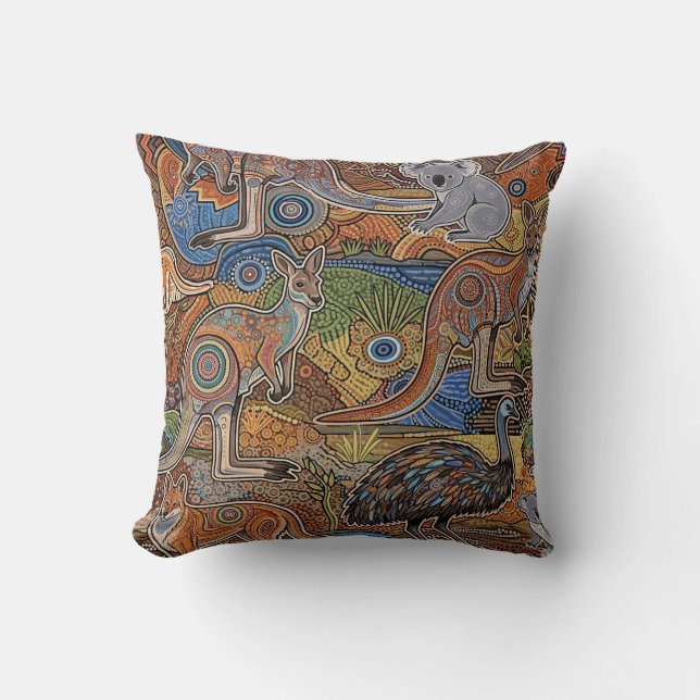 ABORIGINAL ART OF AUSTRALIAN NATIVE ANIMALS THROW PILLOW (Front)