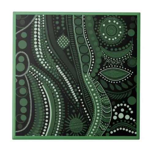 Aboriginal art style green 7 of 9 Ceramic Tile