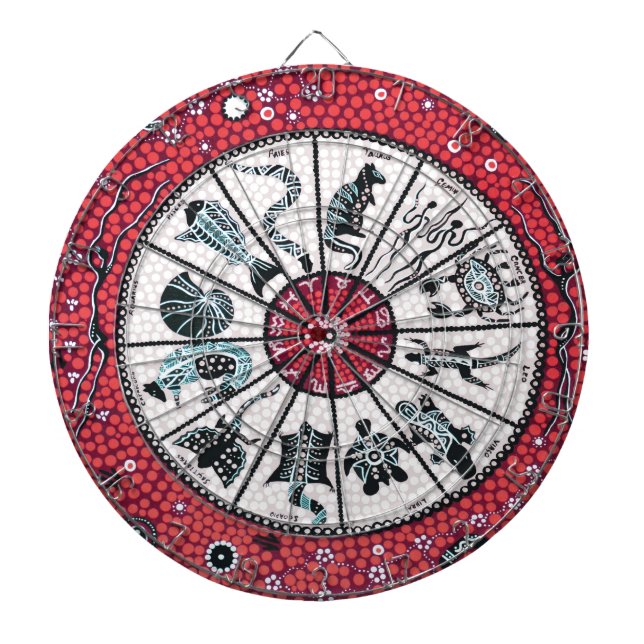 Aboriginal Horoscope Red Dartboard With Darts (Front)