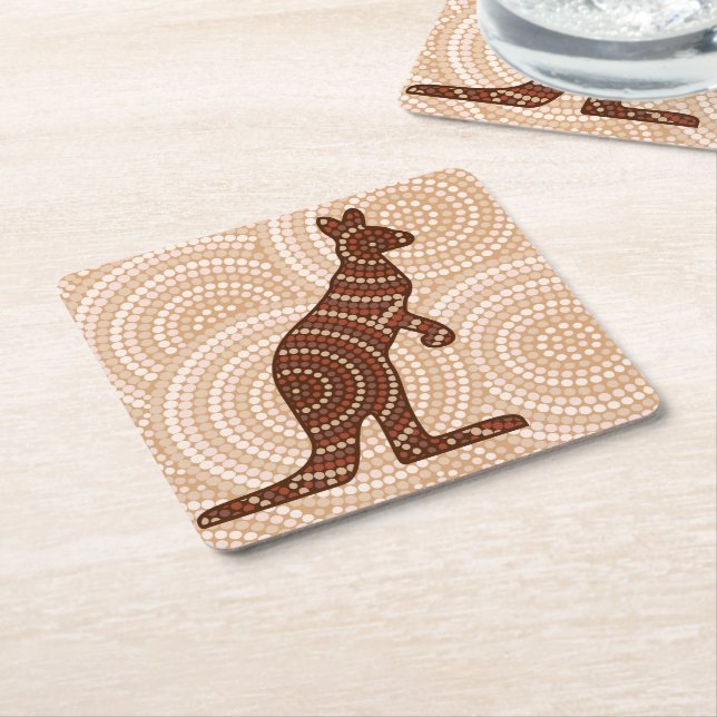 Aboriginal kangaroo dot painting square paper coaster (Angled)