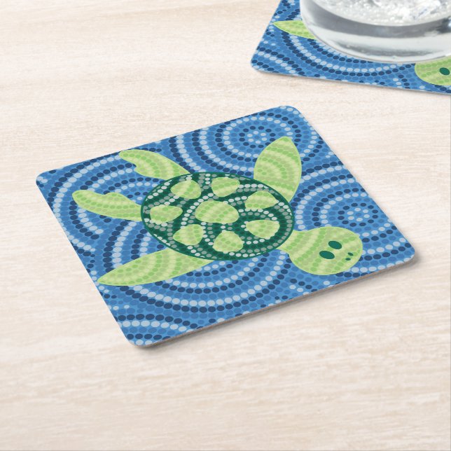 Aboriginal turtle dot painting square paper coaster (Angled)