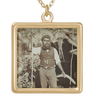 Aborigine with a Boomerang, c.1860s (sepia photo) Gold Plated Necklace