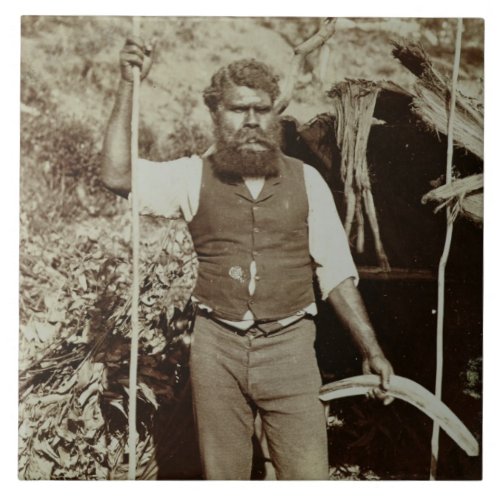 Aborigine with a Boomerang c1860s sepia photo Tile