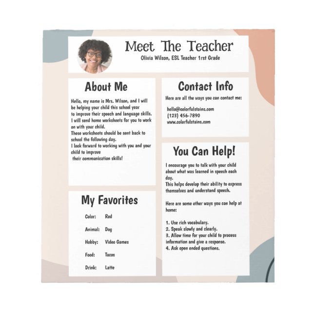 About Me - Meet the Teacher Notepad (Front)