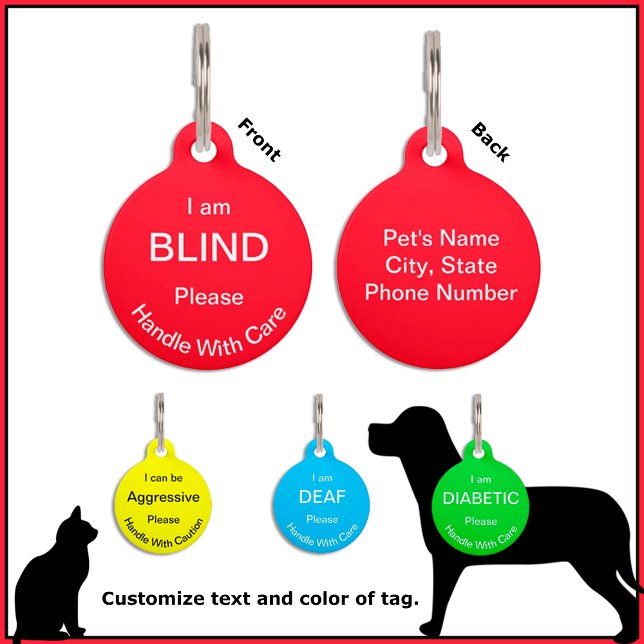 [About My Dog] Blind Deaf Alert Cat Dog Pet ID Tag (Click the big blue "Edit Using Design Tool" button to choose any color you like for your tag.)