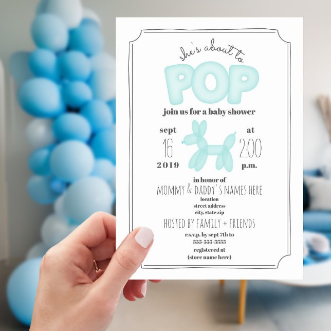 About To Pop Blue Balloon Animal Baby Shower Invitation