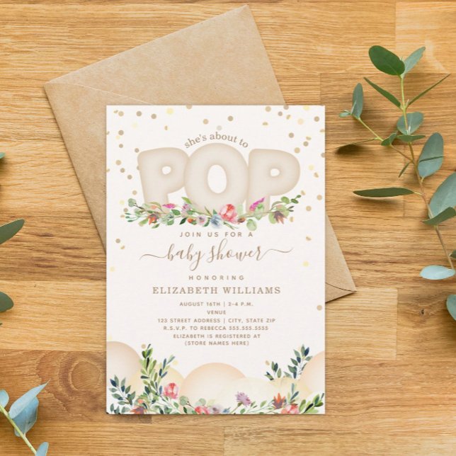 About to Pop Floral Neutral Balloons Invitation (Creator Uploaded)