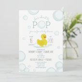 About To Pop Rubber Duck Bubbles Blue Baby Shower Invitation (Standing Front)