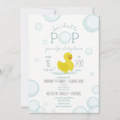 About To Pop Rubber Duck Bubbles Blue Baby Shower Invitation (Front)