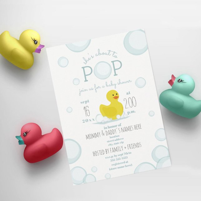 About To Pop Rubber Duck Bubbles Blue Baby Shower Invitation