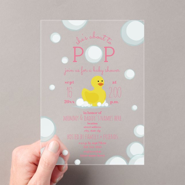 About To Pop Rubber Duck Bubbles Girl Baby Shower Acrylic Invitations (Insitu (Handheld))