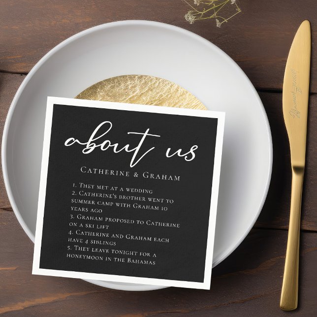 About Us Couple Facts Trendy Modern Black Wedding Napkins (Creator Uploaded)