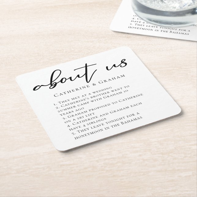 About Us Wedding Couple Facts Trendy Square Paper Coaster (Angled)