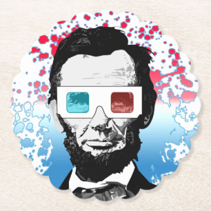 Abraham Lincoln 3D Glasses Patriotic Red Blue Paper Coaster