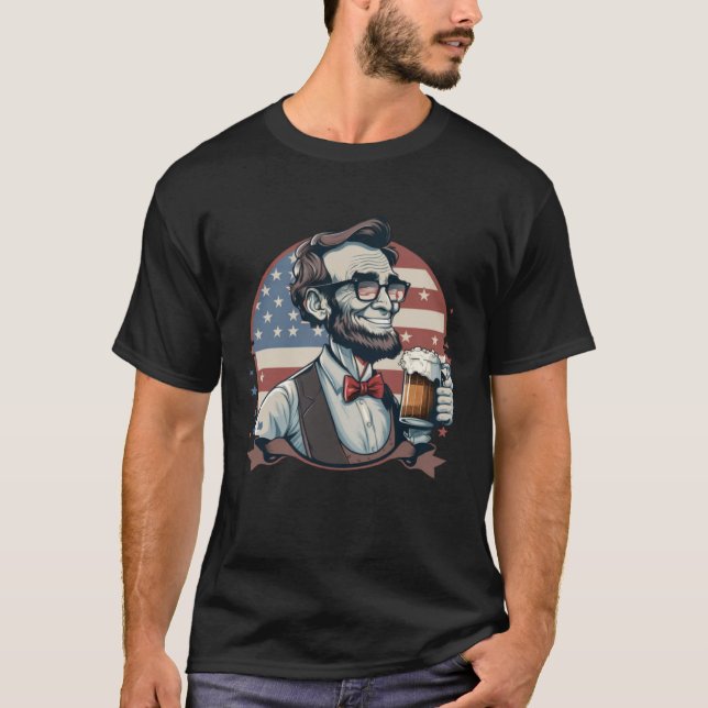 Abraham Lincoln Drinking 4th of July American Flag T-Shirt (Front)