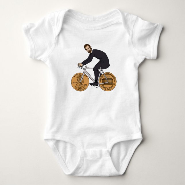 Abraham Lincoln On A Bike With Penny Wheels Baby Bodysuit (Front)