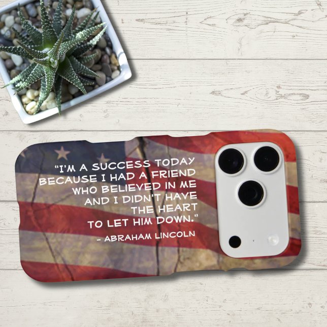 Abraham Lincoln Quote Over Flag Background Case-Mate iPhone Case (iPhone template text case with rustic flag on wood background)
