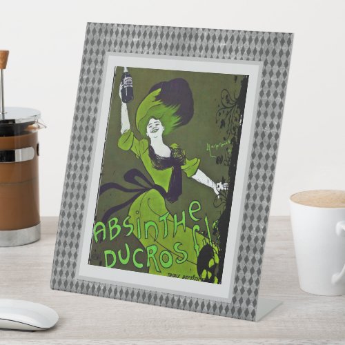 Absinthe in Green Vintage Ad Harlequin Border   Pedestal Sign