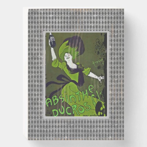 Absinthe in Green Vintage Ad Harlequin Border  Wooden Box Sign