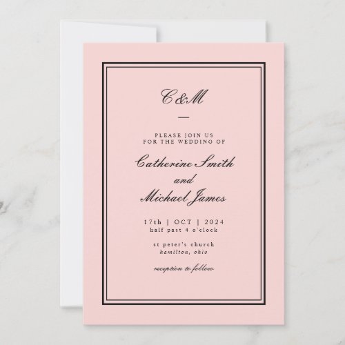 Absolute Classic Pink and Black Monogram Wedding Invitation