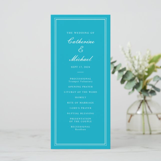 Absolute Classic Script Bright Aqua Wedding Program (Standing Front)