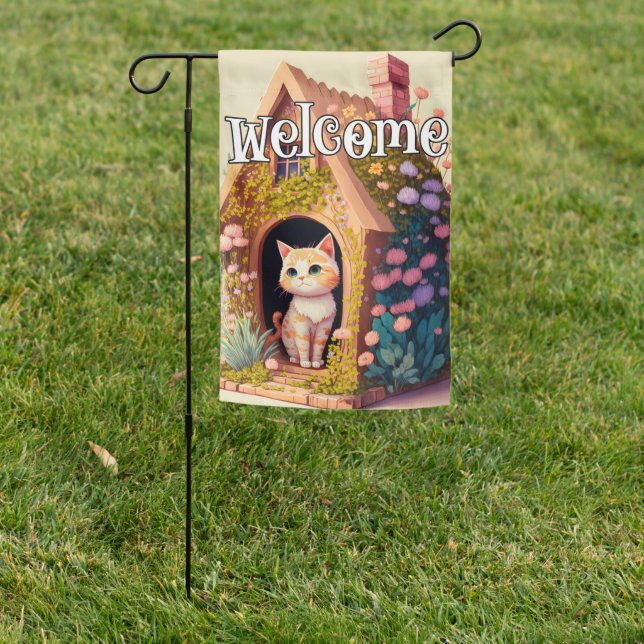 Absolutely Adorable Kitty Cat Illustration Garden Flag (In SItu)