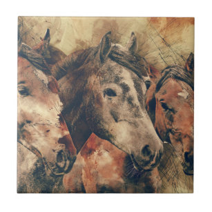 Absolutely Gorgeous Watercolor of Three Horses Ceramic Tile