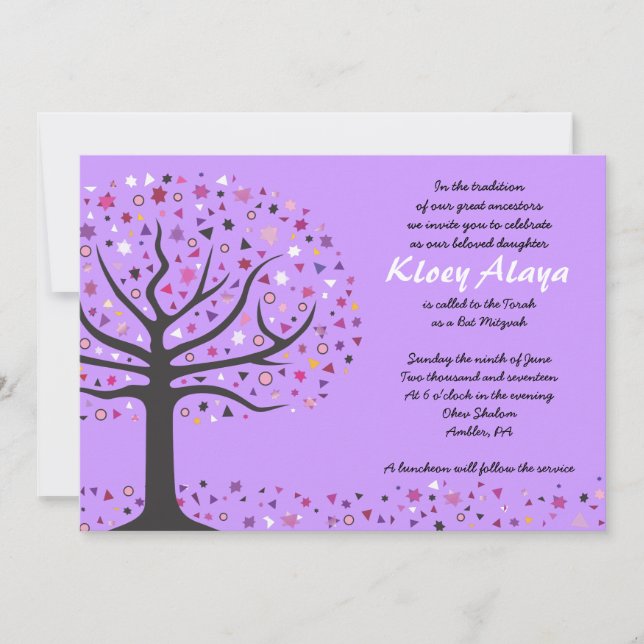 Abstact Tree of Life Bat Mitzvah Invitation Purple (Front)