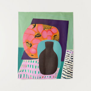 Abstact Vase and Table Setting in Aqua and Orange Tapestry