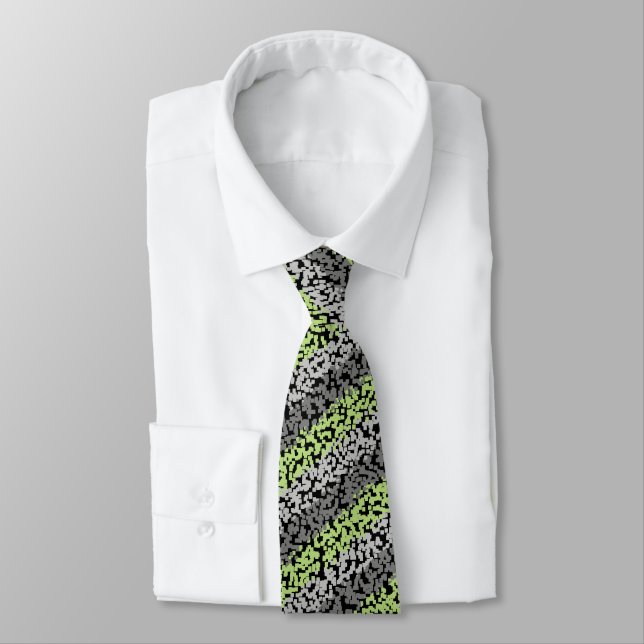Abstrac pixelated green grey black stripes pattern neck tie (Tied)