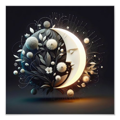 Abstract 3D Shape Half Moon Face Flowers Neutral Photo Print