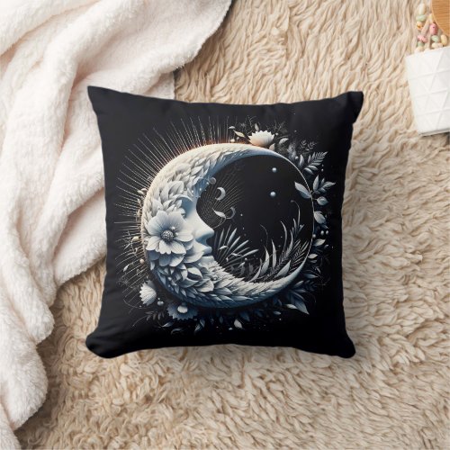 Abstract 3D Shape Half Moon Face Flowers Neutral Throw Pillow